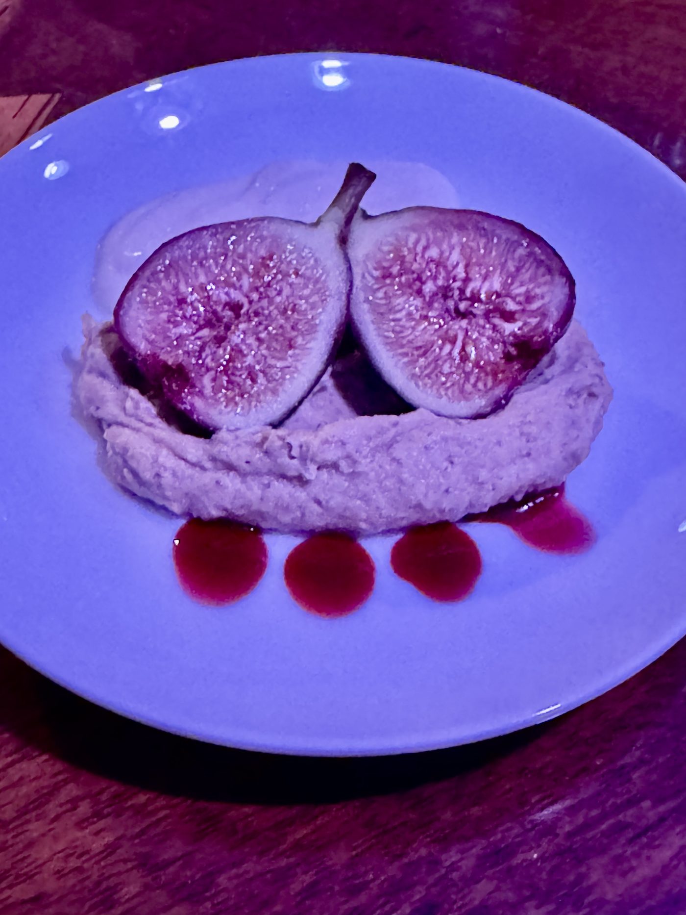 Roasted fig over Chestnut cream with port wine reduction