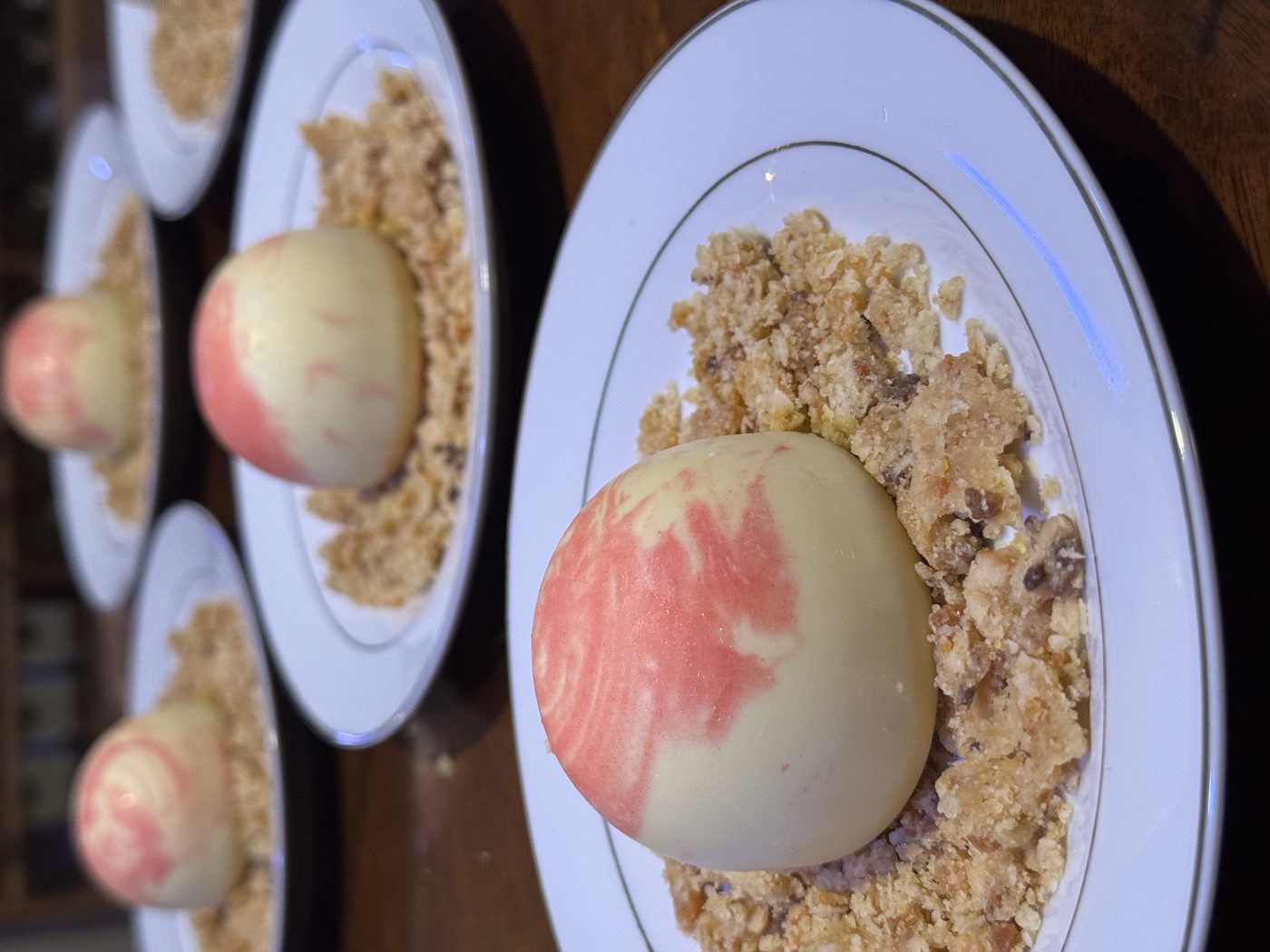 Belgian White Chocolate Sphere, Passionfruit Mousse, Apricot Crumble