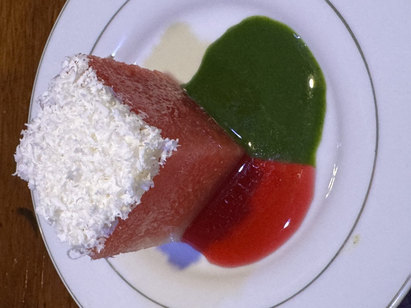 Compressed watermelon with Feta Snow, hibiscus and basil gel